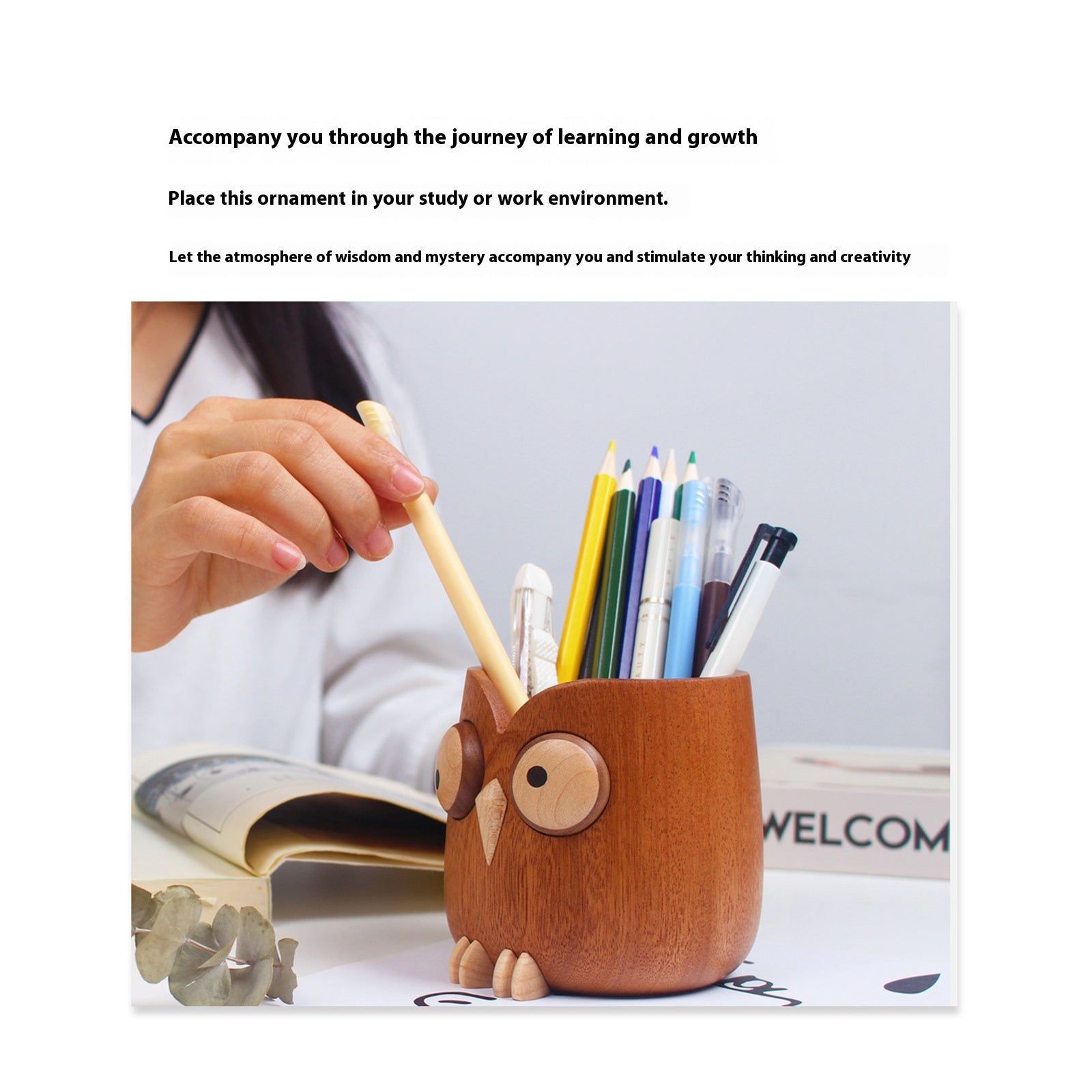 New 2025 Creative Pen Holder，Pen Holder for Desk - Hand Carved Wooden Pencil Organizer， birthday gifts for women, Unique Home Decor Gifts (Cute owl)
