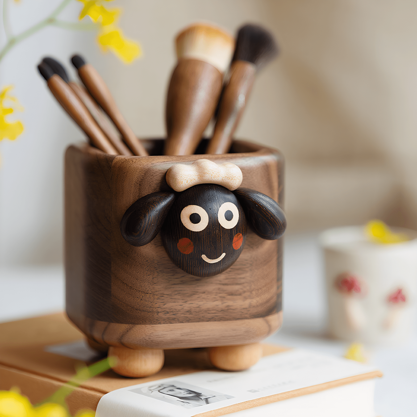 Cute Sheep Wooden Pen Cup - Multilayer Wood Craft Desk Organizer for Kids, Black Walnut, Ideal School Supplies Holder, Perfect Gift Ages 5-10 - Adaoge gifts