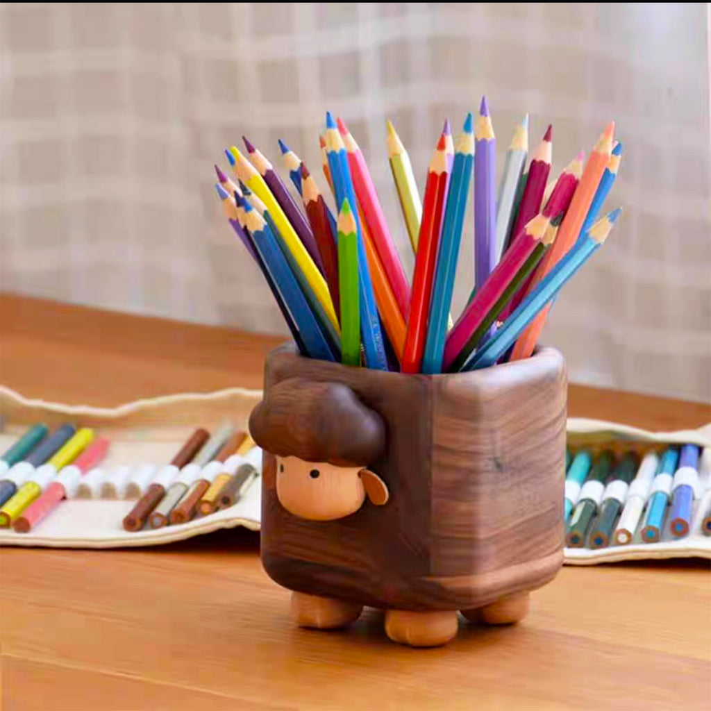 New 2025 Creative Pen Holder，Pen Holder for Desk - Hand Carved Wooden Pencil Organizer，  birthday gifts for women, Unique Home Decor Gifts(black walnut) (Cute little sheep)