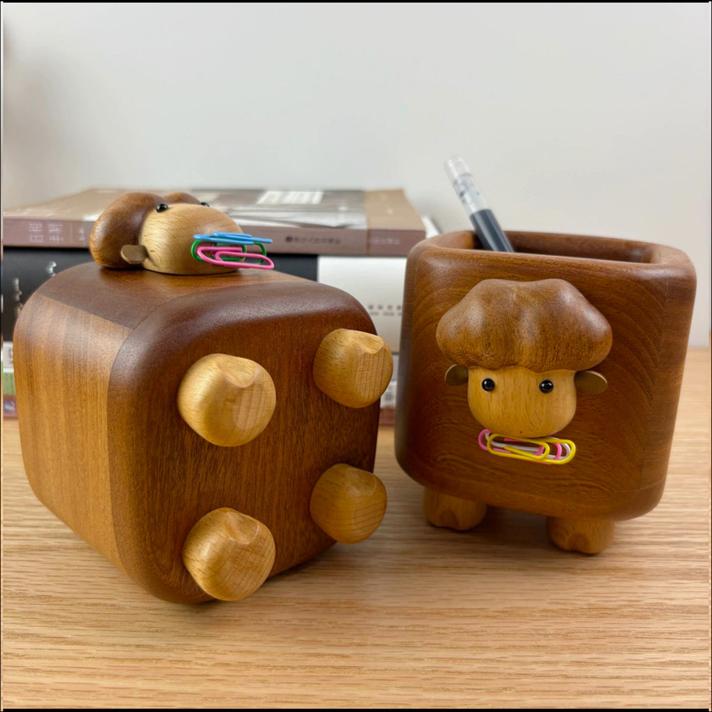 New 2025 Creative Pen Holder，Pen Holder for Desk - Hand Carved Wooden Pencil Organizer，  birthday gifts for women, Unique Home Decor Gifts(black walnut) (Cute little sheep)