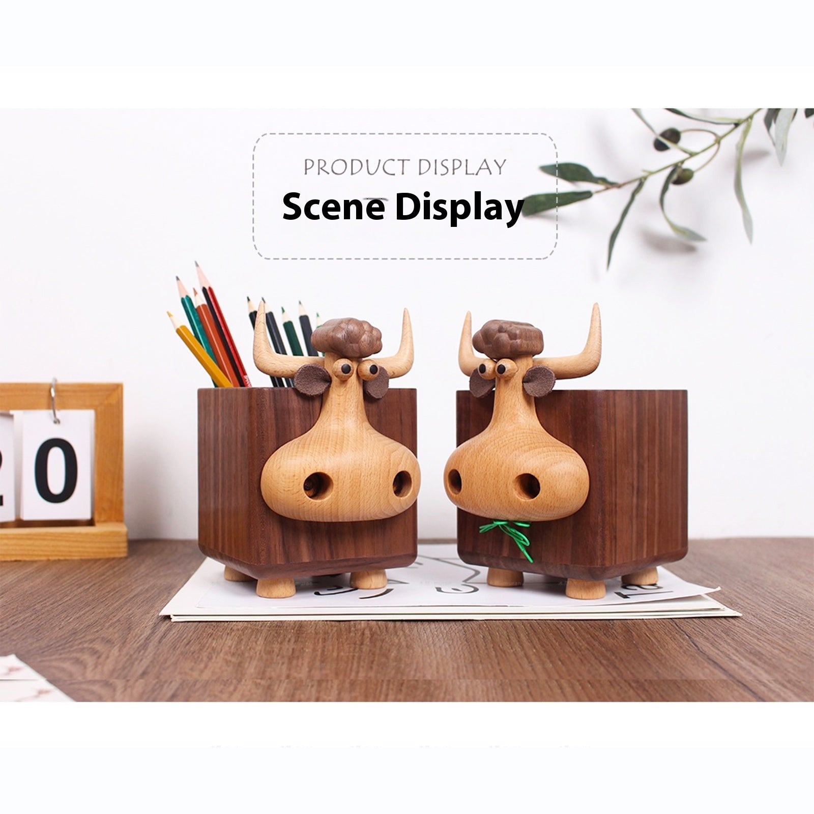 Hand Carved Wooden Pen Holder, Black Walnut Calf Pencil Organizer - Unique Desk Decor & Birthday Gifts for Women